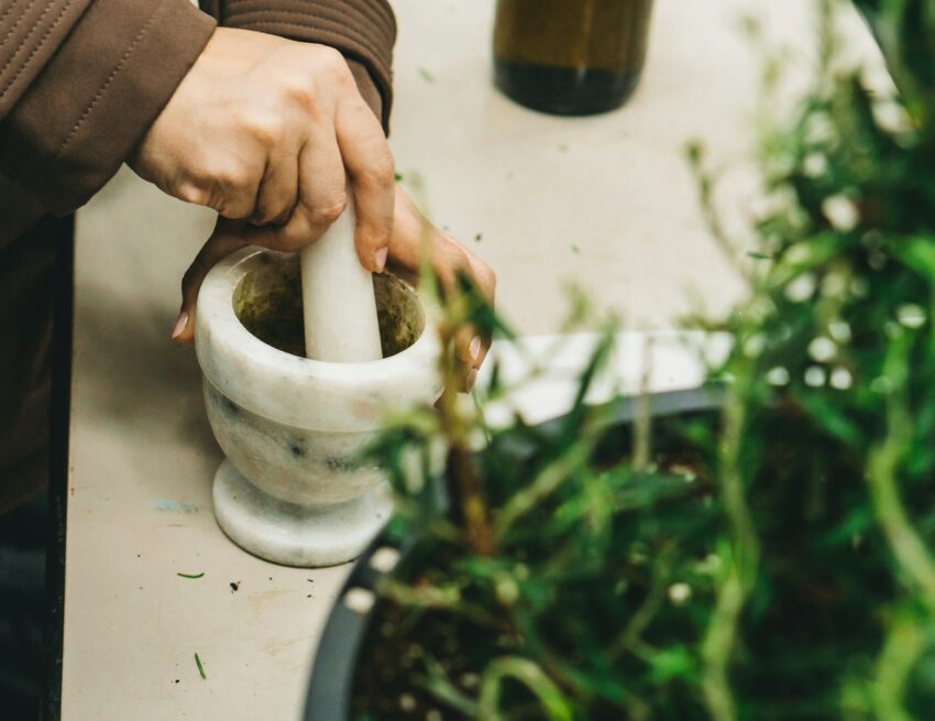 mortar and pestle on white surface